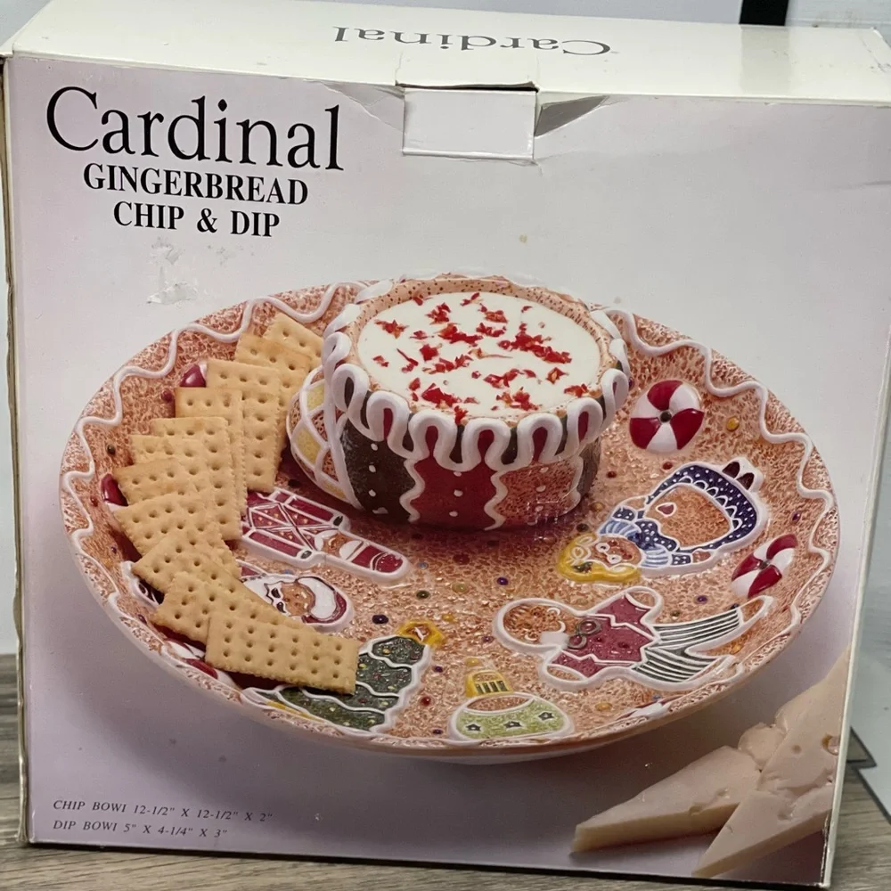 🎄Cardinal Gingerbread Chip & Dip Set Handpainted Ceramic Holiday Christmas Bowl